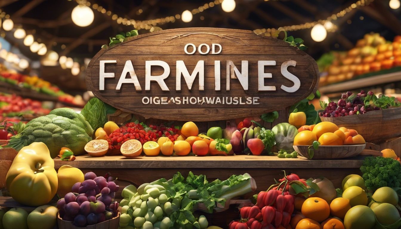 A farmers' market with diverse fruits, vegetables, and food-related signs.