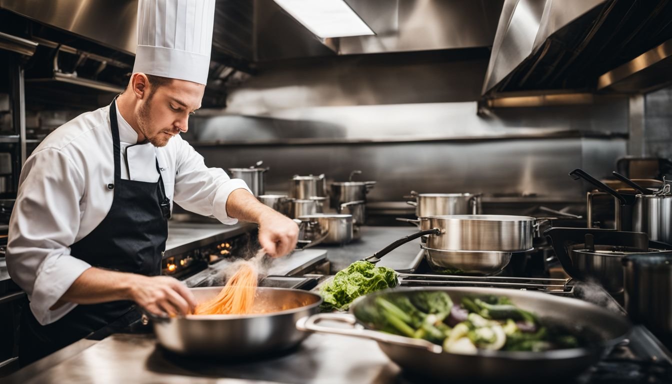 A chef cooking in a fully-equipped commercial kitchen.